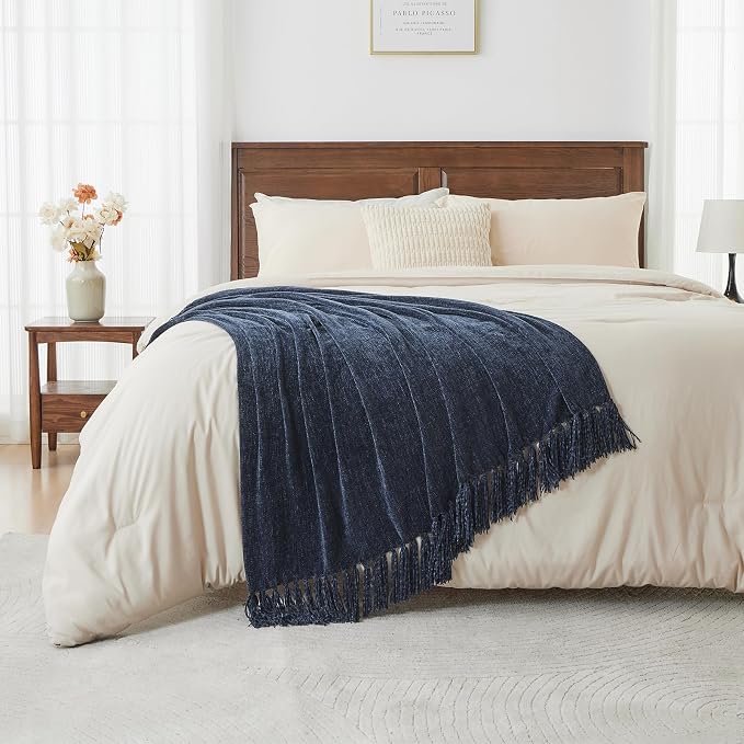 CozeCube Chenille Throw Blanket, Navy Blue Fringe Blanket, 60"X80" | For Couch, Cozy Plush Fuzzy Decorative Blanket with Fringe Tassels, Lightweight Throws for Bed Sofa Gift Home Decor