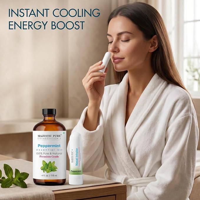 Majestic Pure Peppermint Essential Oil 4 Fl Oz | With Nasal Inhaler