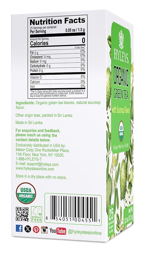 HYLEYS Organic Green Tea with Soursop Flavor, 25 Individually Wrapped Tea Bags - USDA Organic Graviola Guanabana Tea with Light Caffeine