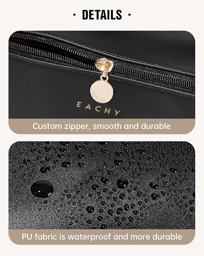 EACHY Travel Makeup Bag, Large Capacity Cosmetic Bag for Women, Waterproof PU Leather, Flat Open Portable Toiletry Bag for Skincare, Brushes & Travel Essentials