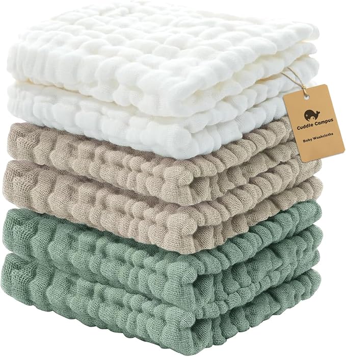 Cuddle Campus Baby Washcloths 6 Packs, Muslin Washcloths Baby,Cotton Burp Cloths, Extra Absorbent and Soft Wash Clothes for Newborns, 12x12 Inches