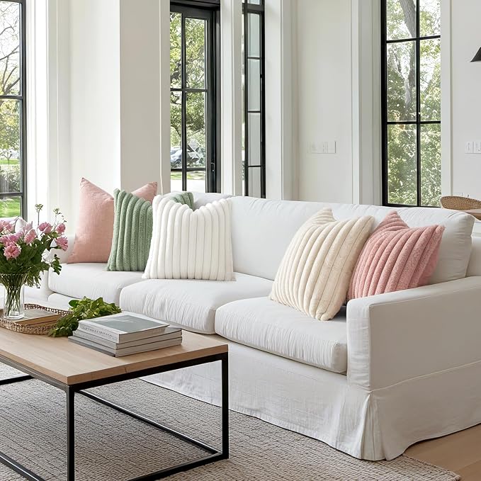 MIULEE Faux Fur Decorative Euro Sham Pillow Covers 24x24 Blush Pink 2 Pack | Modern Cute Soft Plush Couch Pillows, Cozy Fluffy Cushion Covers for Sofa Bed Living Room Home Decor