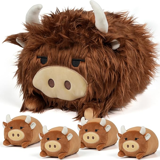 Highland Cow Stuffed Animal, Highland Cow Mommy Plush Set with 4 Baby Calves, Soft Stuffed Toy Pillow, Cute Birthday for Kids Boys Girls