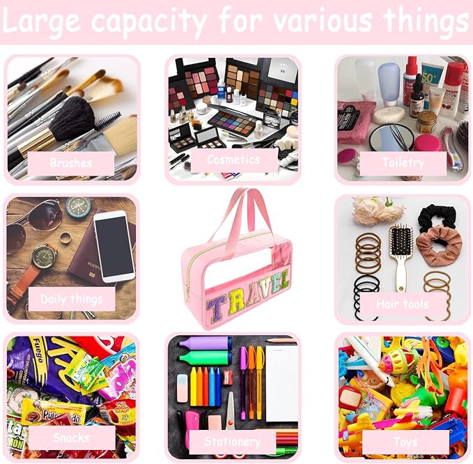 Bunliuys Chenille Letter Clear Makeup Bag Travel Patch, Travel Toiletry Makeup Bag with Handle, Nylon Waterproof Makeup Bags clear cosmetic bag, preppy patch makeup bag for Women (TRAVEL-Pink)