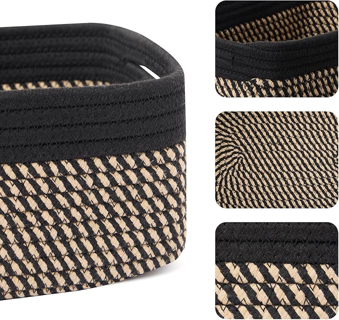 MiniArk Small Storage Baskets for Organizing | Closet Organizer Bins | Shelf Toy Basket | Woven Rope Baskets | Cube Decorative Box | Shallow Basket | 13x8.5x5.1” | 4 Packs Black Brown