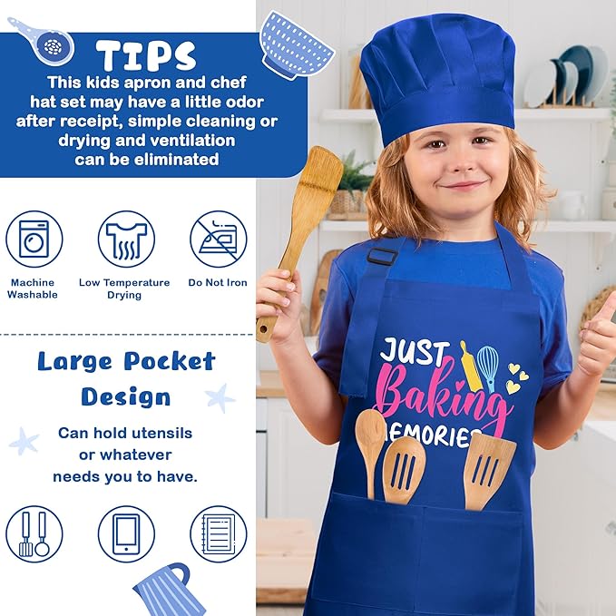 R HORSE 2Pcs Kid Apron and Chef Hat Set, Blue Adjustable Children Kitchen Toddler Apron for Boys, Dress up Role Play Chef Toy Funny Birthday Gift for Kids Cooking Baking Painting