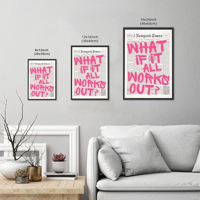 What If It All Works Out Poster Retro Newspaper Pink Wall Art Positive Affirmation Quote Minimalist Canvas Painting Prints Wall Decor Aesthetic for Home Bedroom Office 12x18inch Black Framed