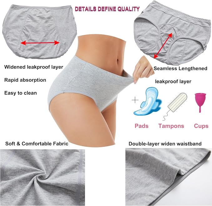 HATSURE Period Underwear for Women Leak Proof Cotton Overnight Menstrual Panties Briefs (Multipack)