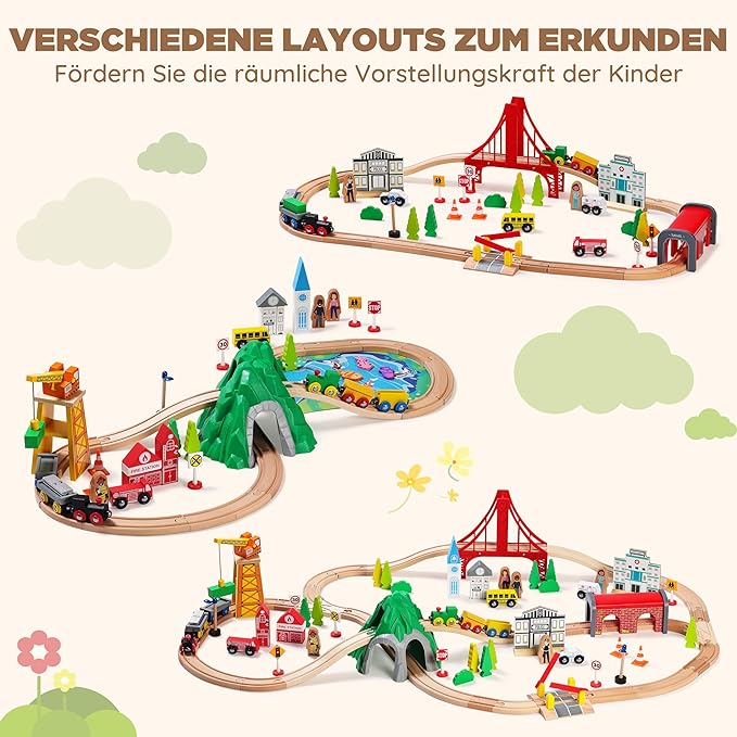 SainSmart Jr. 112-Piece Wooden Train Set for Toddler – Double-Sided Train Tracks, Compatible with Brio, Thomas, Melissa & Doug – Perfect Wood Toy for Boys and Girls