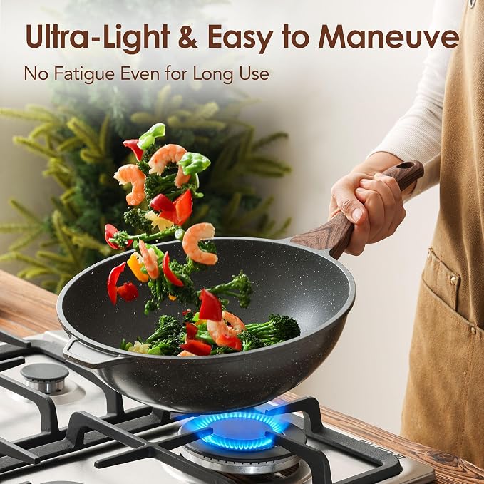 SENSARTE Nonstick Wok Pan with Lid 11-inch, Healthy Stir-fry Pan Induction Cookware with Swiss Granite Coating, Deep Frying Pan Skillet with Stay-cool Handle, PFOA Free