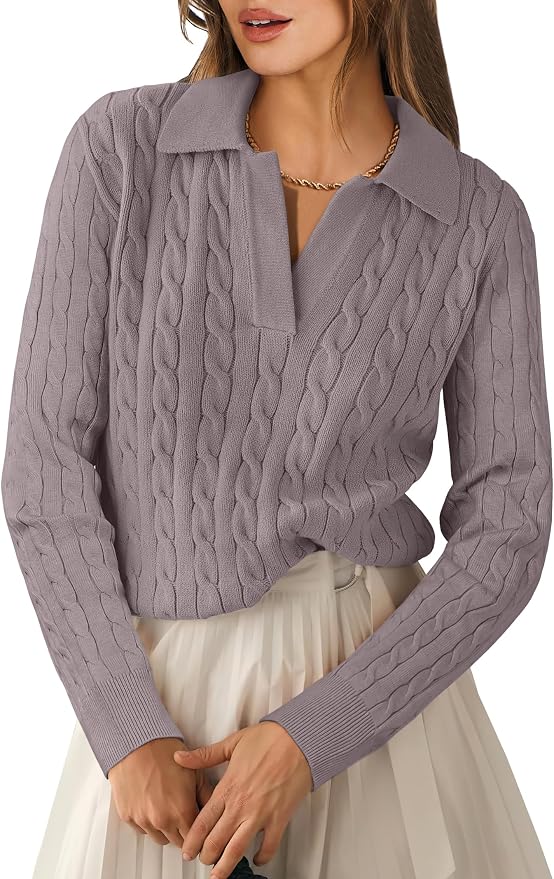 ANRABESS Womens Cable Knit Sweaters Long Sleeve V Neck | Pullover Collared Sweater Tops, Polo Knit Shirts, Business Casual Work, Tennis Golf, Fall Winter Fashion Outfits