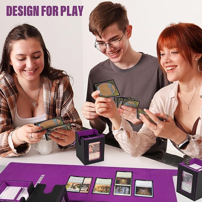 Kabinka Card Deck Box for MTG Commander, Holds 400+ Double-Sleeved Cards, 5 IN 1 Detachable Card Case with Dice Tray, Fits Magic/TCG Cards, 4 Magnetic Card Holders & Dividers (Black Purple)