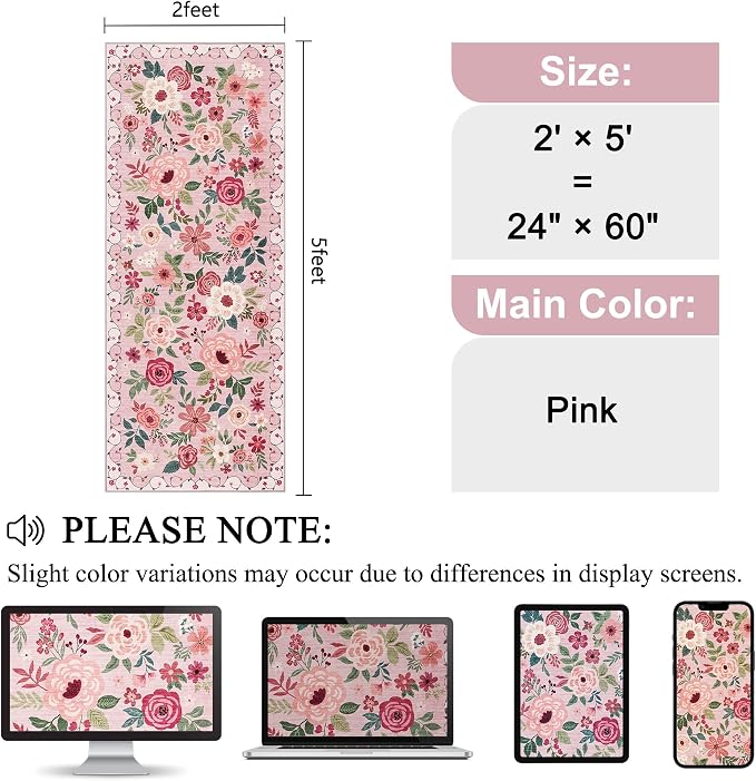 DUKINO 2x5 Runner Rug, Floral Washable Rug for Kitchen Non Slip, Pink | Low Pile, Soft, Stain Resistant Indoor Rug Runner for Entryway, Hallway, Bedroom, Bathroom, Laundry, Pet Friendly, Home Decor