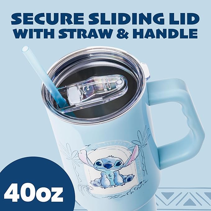 Silver Buffalo Disney Lilo & Stitch Minimalistic Design Ocean & Tropical Stainless Steel Tumbler with Handle and Straw, Fits in Standard Cup Holder, 40 Ounces (Pack of 12)