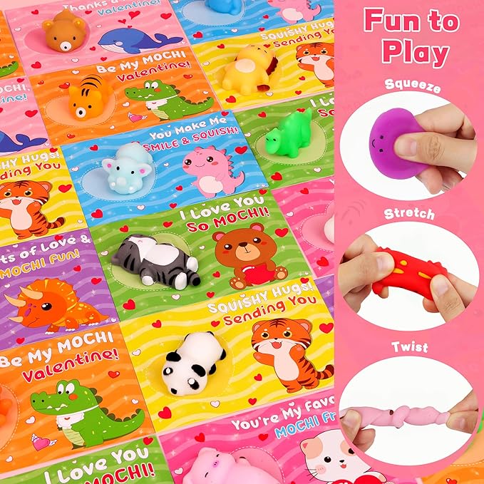 28 Pack Kids Valentines Day Cards with Cute Mochi Squishies Valentines Day Gifts for Kids Classroom, Valentines for Kids School Valentines for Class Exchange Cards Prizes Party Favors for Boys Girls