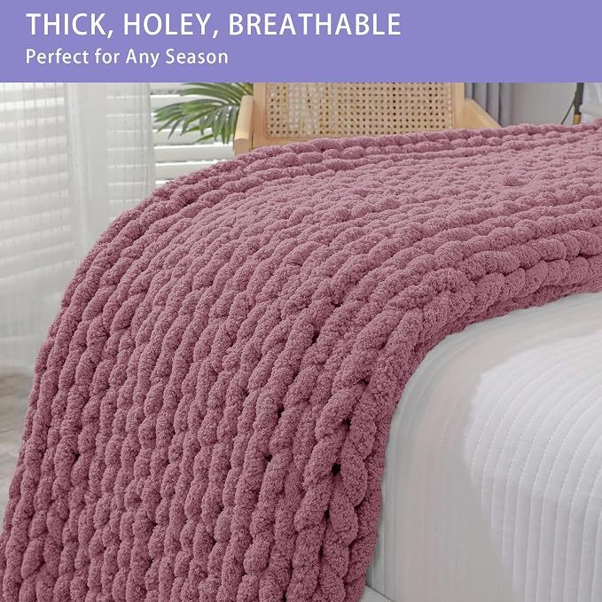 Bigacogo Chunky Knit Throw Blanket for Couch, 40x40 inches, Burnt Rose | Hand Knit with Jumbo Chenille, Soft Breathable Cable Knit for Sofa Bed Living Room, Machine Washable, Gift for Mom Friend