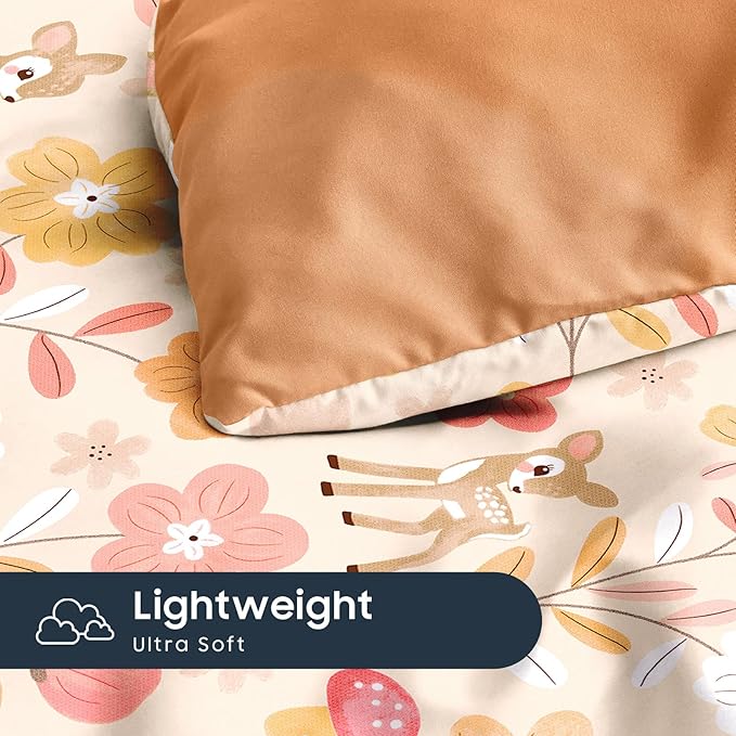 Wake In Cloud - Floral Bedding Set for Girls, Cute Colorful Botanical Flowers Deers Patterned Soft Lightweight Comforter Set with Sheets, 5 Pieces Kids Bed in a Bag, Orange Brown, Twin Size