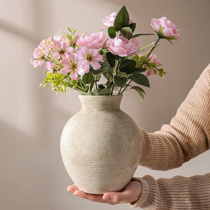 Ceramic Flower Vase Home Decor, 7.4 in Farmhouse Table Vases Rustic Vintage Living Room Kitchen Bedroom Decoration Pottery Decorative Vases for Flowers House Shelf Office Desk Dining Entryway, Retro
