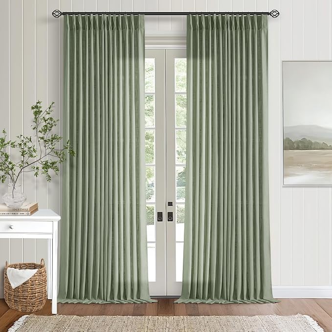 TWODRAPES Sage Green Pinch Plaet Linen Semi Sheer Curtains 90 Inches Long 2 Panels Set
