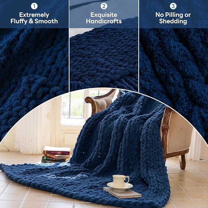 Chunky Knit Blanket - Luxury Soft Cozy 50 * 60 Throw Blanket,100% Woven Blanket Rope Knot Throw Blanket for Couch, Sofa, Home Decor, Gift - Machine Washable (Deep Blue, 50 * 60)