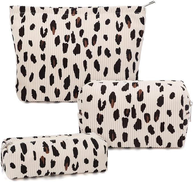 3 Pcs Makeup Bag Cosmetic Bag Set for Girls Women Travel Organizer Bathroom Toiletry Pouch Large Capacity Storage Bag (Leopard Beige)