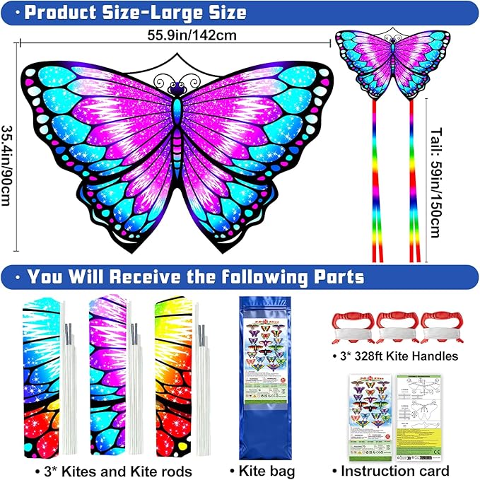 Kite for Kids Ages 4-8 8-12 & Adults, Shark & Dragon & Unicorn & Butterfly Kites Flying Toys, Easy to Fly Big Kite with 328FT String Easter Gift for Boys Girls Beach Park Outdoor Party Activities