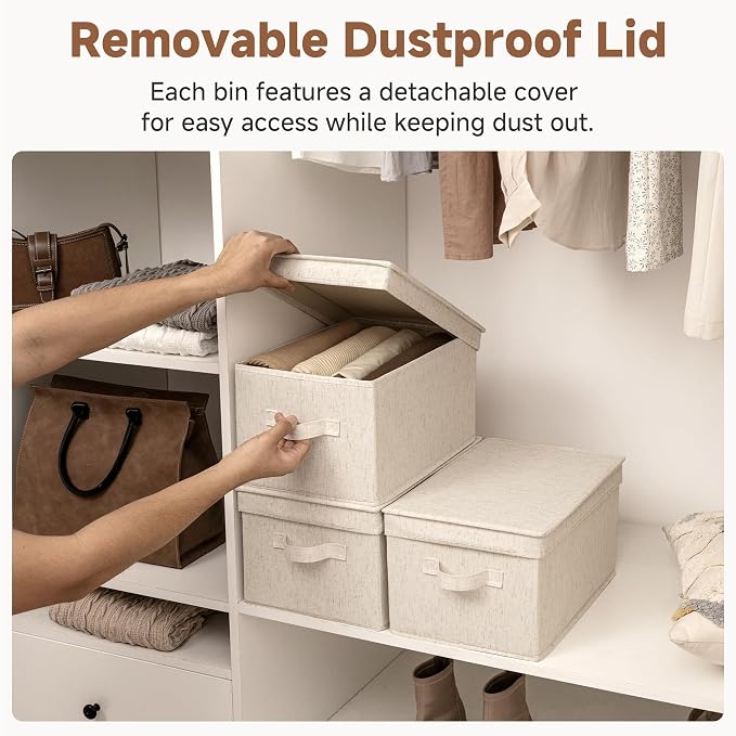 StorageWorks Fabric Storage Bins, Storage Basket with Lid, Closet Bins | Lidded Dust-proof, Easy Pull Handles, Foldable, Stackable, Ideal for Clothes Blanket Towel, Large, Rustic Linen, 3-Pack