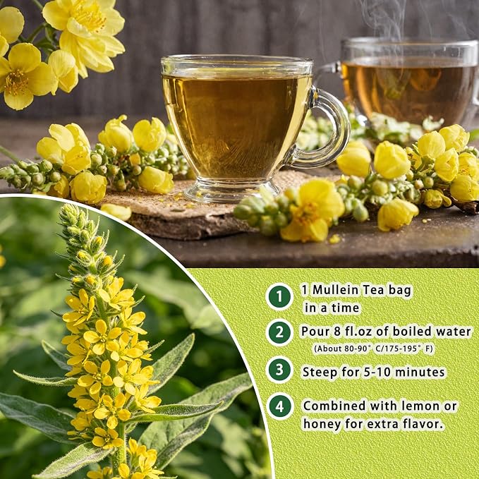 Samcci - Mullein Tea Bags, 20 Teabags, 3g/bag, 100% Pure Mullein Tea Bags for Lungs Cleanse, Natural Herbal Tea Bags, Caffeine Free & No Additives Mullein Leaf Tea for Detox & Respiratory Support