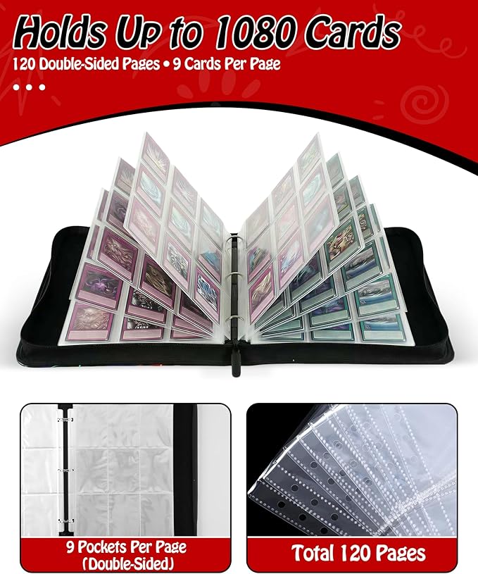 Trading Card Binder, 9-Pocket, Holds 1080 Cards, 120 Pages Side-Loading Card Album, PU Leather, Acid-Free Archival Sleeves, Durable Organizer for MTG, TCG & Sports Cards, Gift for Kids, Boys and Girls