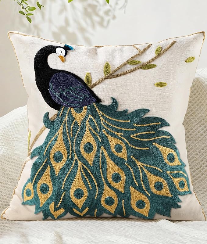 Animal Embroidered Throw Pillow Cover 18x18 Inch, Peacock | Decorative Pillow Cover, Boho Cushion Cases with Hidden Zipper, Country Decor for Couch, Sofa, Living Room, Bedroom