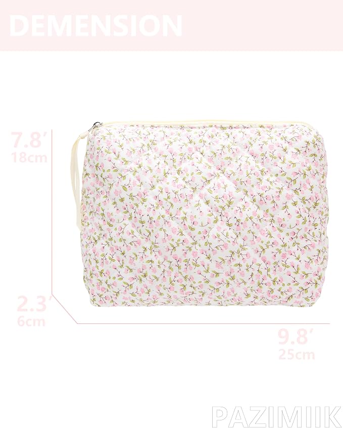 Quilted Makeup Bag Large Travel Zipper Soft Cosmetic Pouch for Women Girls Make Up,Floral Pink