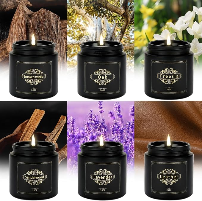 Scented Candles Gift Sets for Men, 6 Pack Soy Candles for Home Scented, Dad Gifts for Fathers Day, Boyfriend, Men Candles Sets Scents of Lavender/Oak/Sandalwood/SmokedVanilla/Leather/Freesia