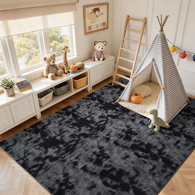 FinRèc 7x10 Washable Area Rugs for Bedroom Living Room, Low Pile Thin Ultra Soft Shag Rug, Non-Slip Carpet Indoor for Home Decor (Tie-dye Dark Grey)