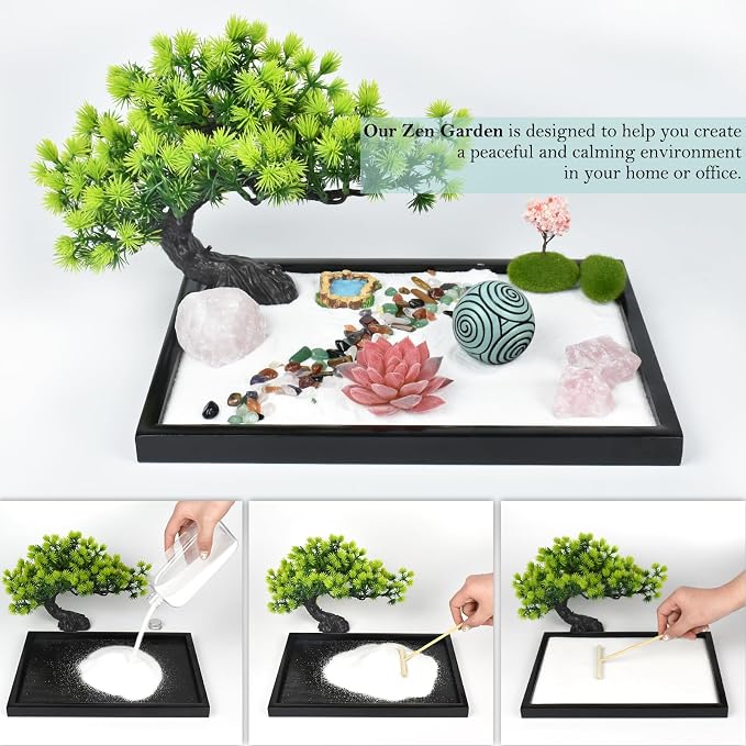 Artcome Japanese Zen Sand Garden for Desk - Home, Office Desk Accessories - Crafted Meditation Therapy Rectangle Tray - Mindful Relaxation Tool for Stress Relief