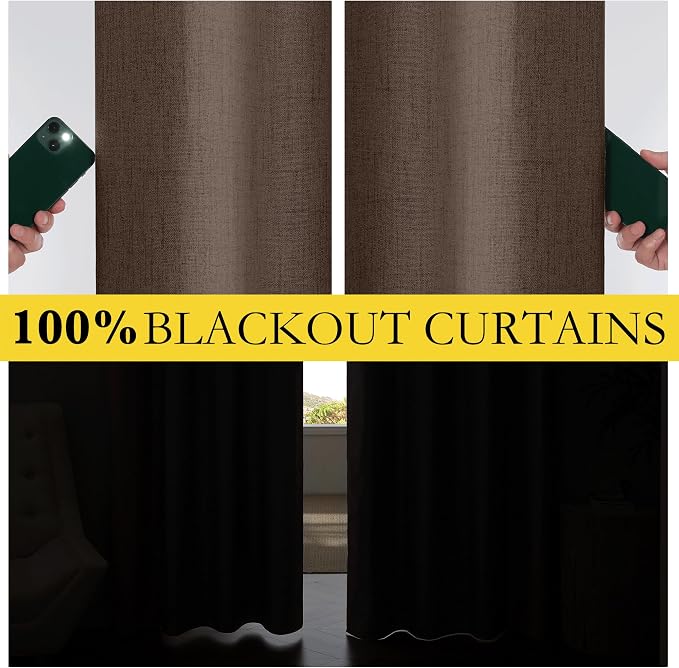 NICETOWN Brown Vintage Linen 100% Blackout Curtains for Living Room, W52 x L90 in, Set of 2, Thermal Insulated Curtains with Light Blocking Liner, Noise Reducing Window Treatments for Home Cinema