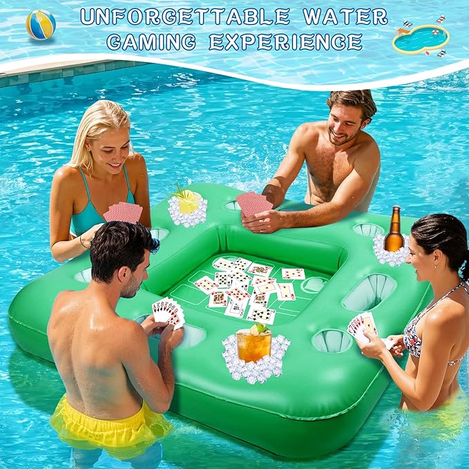 Floating Table for Pool Game, 40 x 40 in Floating Card Table for Pool with Food Drink Holders and Waterproof Playing Cards, Inflatable Floating Pool Table for Adults and Family Party (Green)