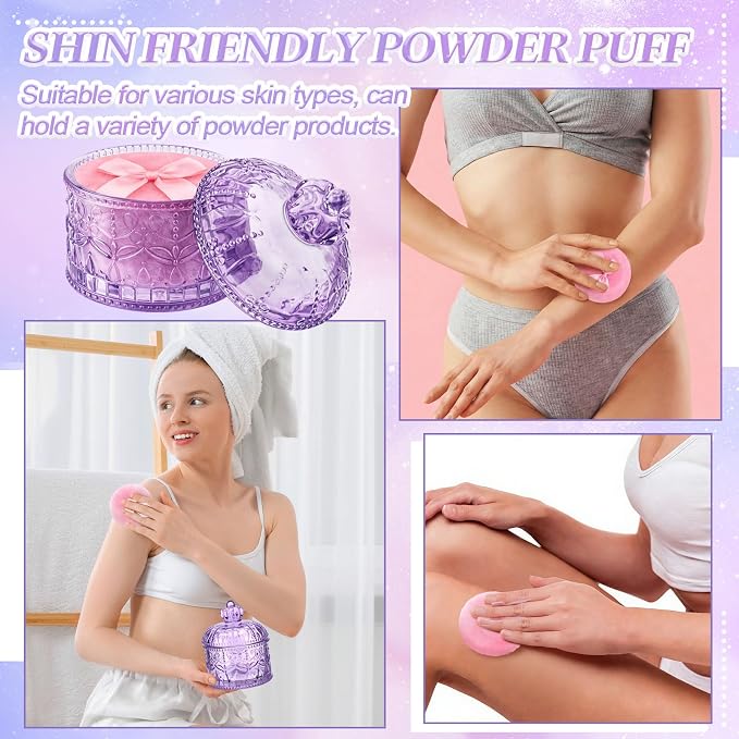 Body Powder Puff and Container, Crystal Container with Soft Dust Powder Puff Washable Reusable Face Body Glitter Wet Dry Makeup for Women Gift(Purple, Pink Crown)
