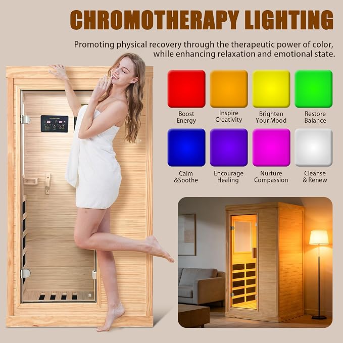 Infrared Sauna 1 Person Sauna Low EMF Far Infrared Sauna Personal Indoor Dry Sauna Room with Speaker 7 Color Lights for Home Gym Spa 1200W 120V 35.2" × 27.6" × 61.6 "