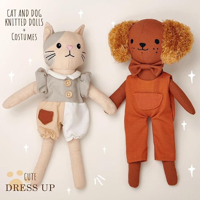 Golray Portable Dress Up Plush Doll Set with Storage Case, Cat & Dog Stuffed Animal Toys, Doll Clothes with Wooden Hangers & Suitcase Wardrobe Travel-Ready Toy Organizer, Gifts for Girls Ages 3+