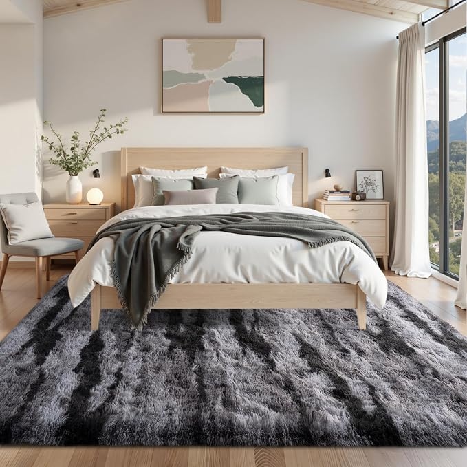 Area Rugs for Living Room 6x9 Feet, Soft Fluffy Shagg Plush Bedroom Rug Non-Slip,Large Carpet for Nursery Kids Dorm Home Decor Black and Silver