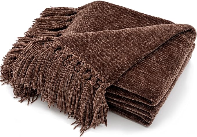 RECYCO Chenille Throw Blanket for Couch, 50"x60", Brown | Super Soft Knit Throw Blanket with Fringe Tassels, Lightweight Knitted Throw, Cozy, Ideal for Sofa Chair Bed Living Room Gift