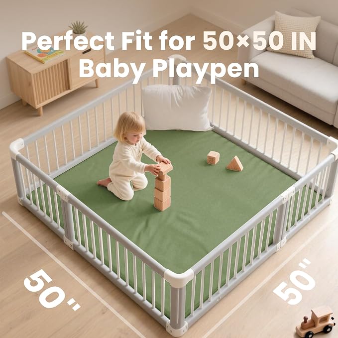 Huloo Sleep Baby Play Mat 50x50 Inches, 1.3" Thick Padded Waterproof Floor Cushion & Playpen Mat with Vegan Leather, Non-Slip & Non-Toxic Nursery Rug for Infants, Toddlers & Kids(Green)