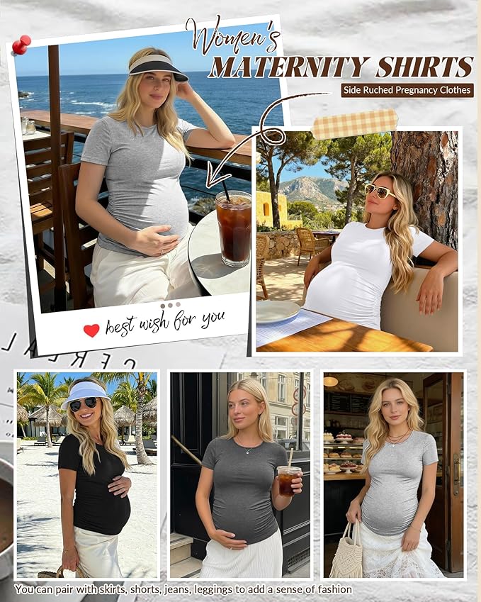 Huukeay 4 Pack Women's Maternity Shirts, Crew Neck Maternity Top Short Sleeve Casual Cotton Tee Side Ruched Pregnancy Clothes