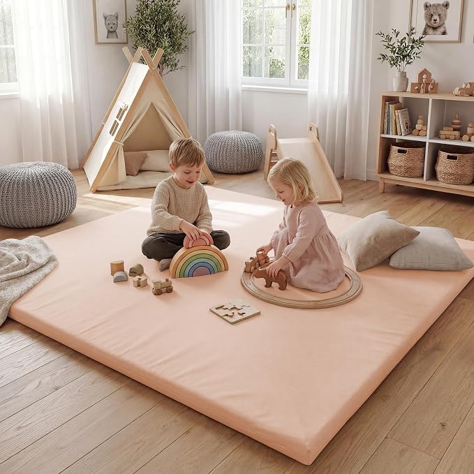 Huloo Sleep Baby Play Mat 65x50 Inches, 1.3" Thick Padded Waterproof Floor Cushion & Playpen Mat with Vegan Leather, Non-Slip & Non-Toxic Nursery Rug for Infants, Toddlers & Kids(Pink)
