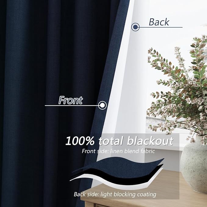 Guken Navy Blue 100% Blackout Curtains 120 Inch Length 2 Panels Set for Living Room Bedroom Back Tab Thermal Insulated Black Out Linen Drapes Room Darkening Window Curtains 120 Inches Long