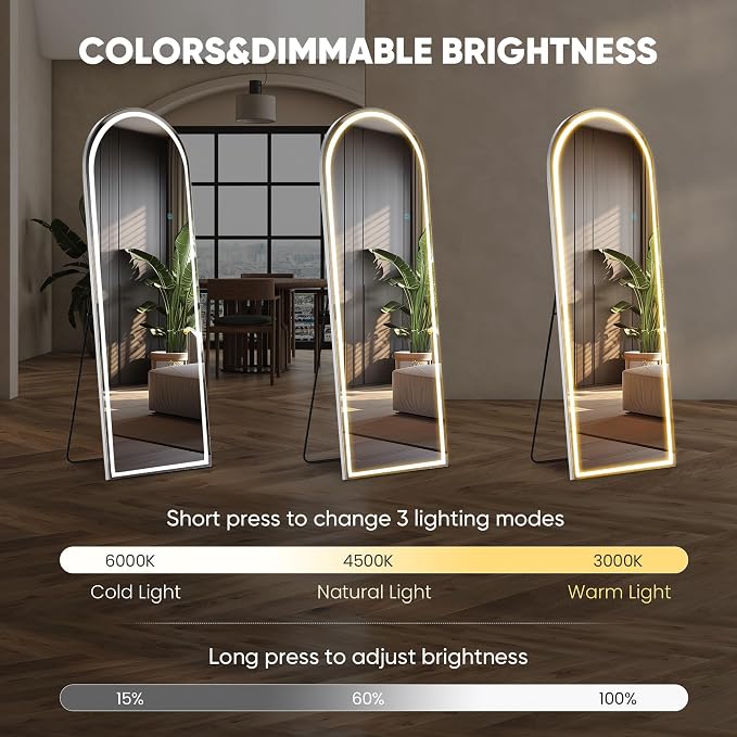 DUMOS Arched LED Mirror Full Length Standing, 63"x20" Full Body Wall Mirror | LED Lights 3 Color Lighting and Shatterproof Tempered Glass, Wall Hanging or Leaning, Floor Standing, Modern Home Decor