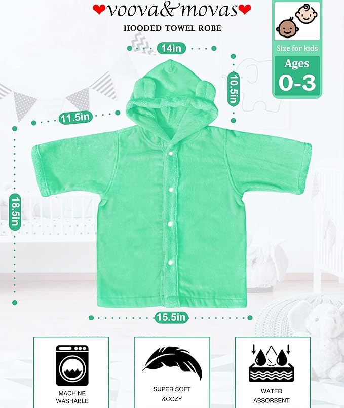 VOOVA & MOVAS Toddler Bath Towel with Bear Ear Hood, 0-3Years | 100% Cotton, Ultra-Soft & Absorbent | Gentle for Sensitive Skin, Bath, Pool & Beach Towel | Newborn, Mint Green