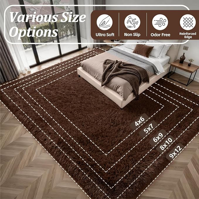 8x10 Area Rugs for Living Room Bedroom: Ultra Soft Fluffy Shag Rug Upgrade Non-Slip Non-Shedding Large Fuzzy Plush Carpet Indoor Floor Carpets for Kids Room Playroom Nursery Dorms Home Decor Brown