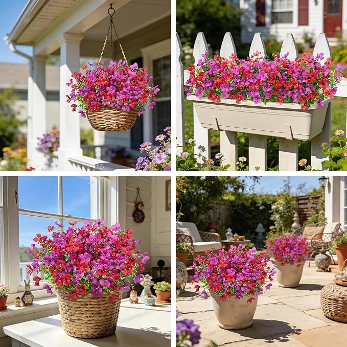 Ouddy Decor 16 Pcs Artificial Flowers for Outdoors Decoration, Purple & Red | Realistic, silk flowers, faux plastic plants, UV resistant, for summer garden porch window vase indoor outdoor home decor