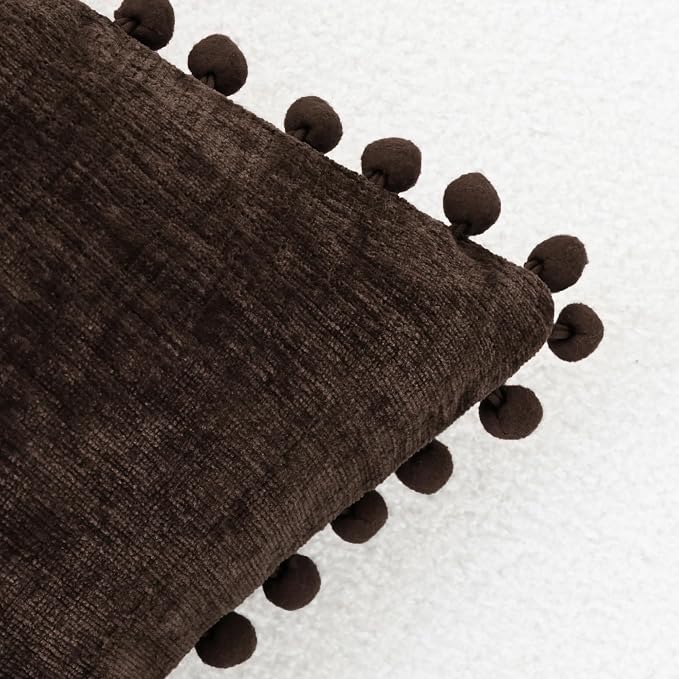 CaliTime Decorative Couch Throw Pillow Covers 20 X 20 Inches Coffee | Pack of 2, Cozy Chenille Cushion Cases, with Pom Poms for Sofa Bed Living Room Farmhouse Home